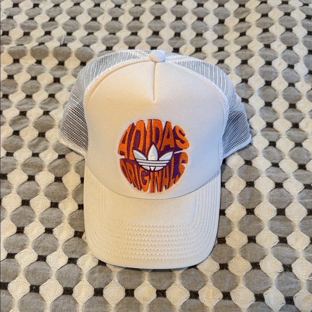 adidas White Trucker Hat with Orange and Purple Logo
